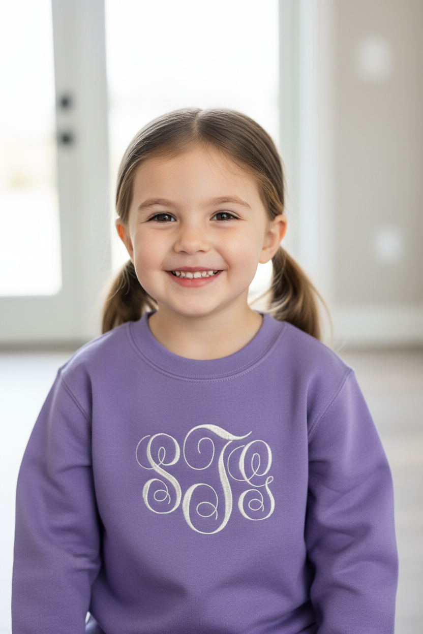 6-year-old girl wearing purple embroidered sweatshirt close-up