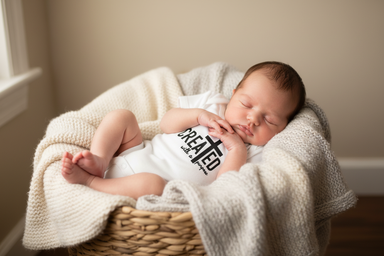 Created with a purpose onesie - newborn basket photoshoot
