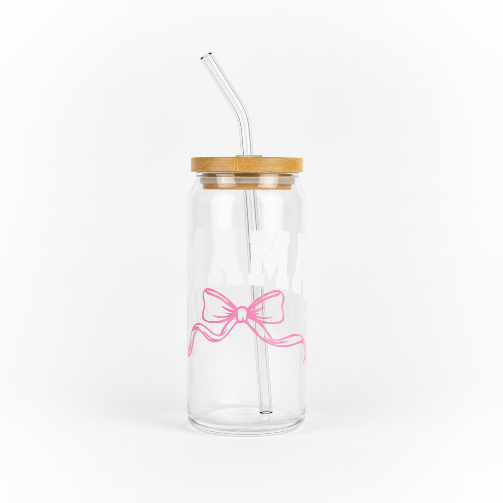 Glass jar with clear straw and pink bow