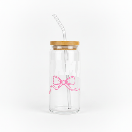 Glass jar with clear straw and pink bow
