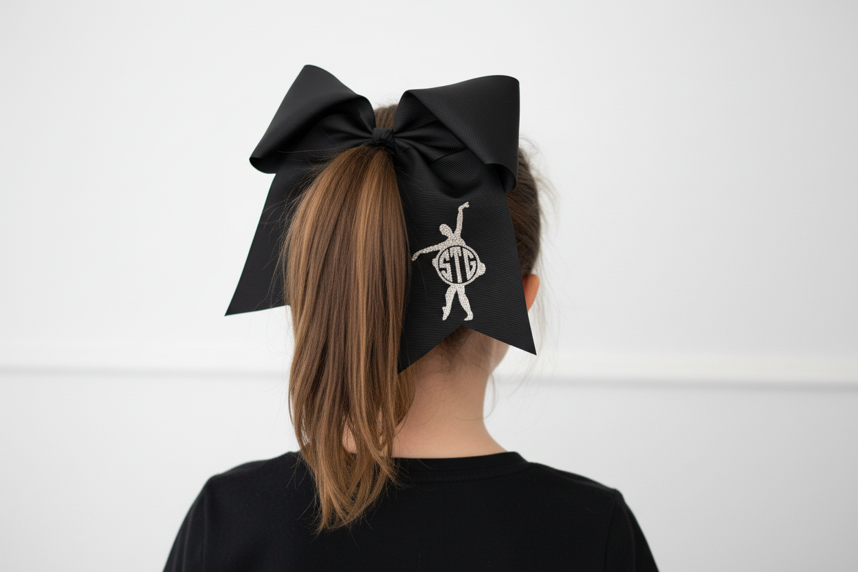 Black monogram bow worn in hair - back view
