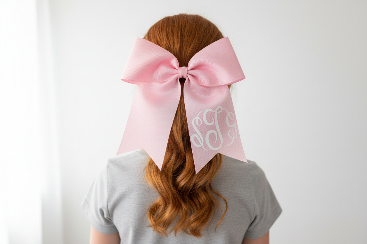 Pink monogram bow worn in hair - back view