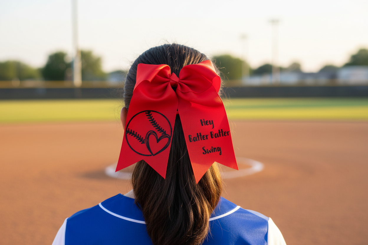 Baseball bow in ponytail at softball field