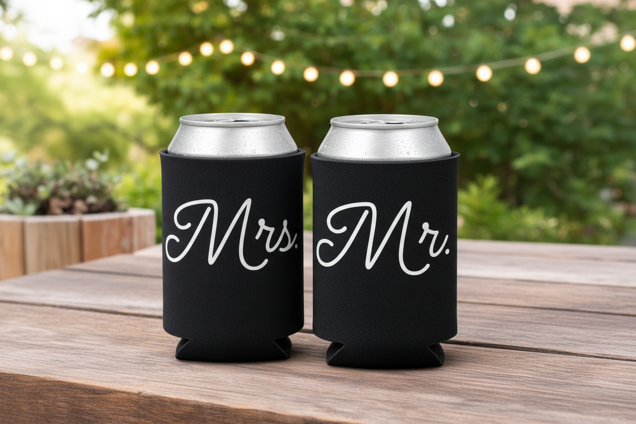Mr. and Mrs. can cooler set on wooden table