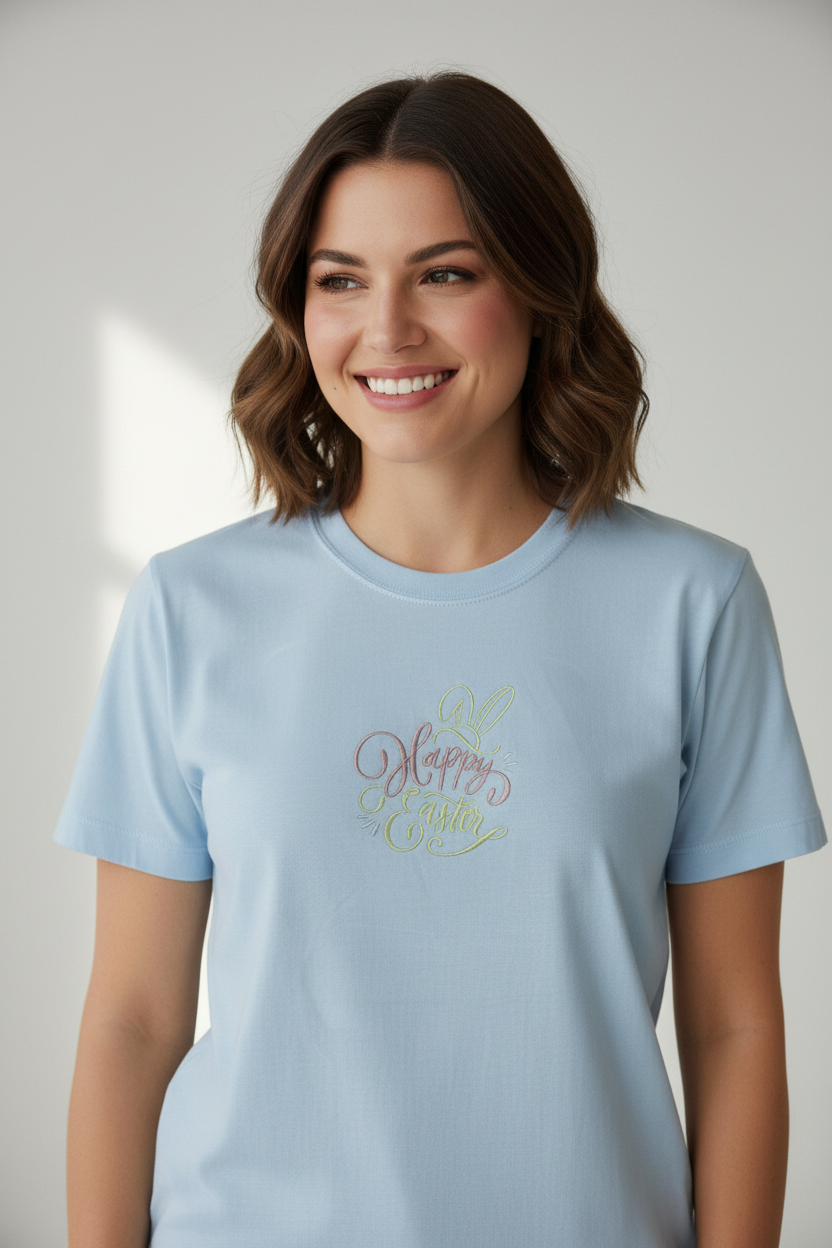Model wearing short sleeve Easter t-shirt with centered design