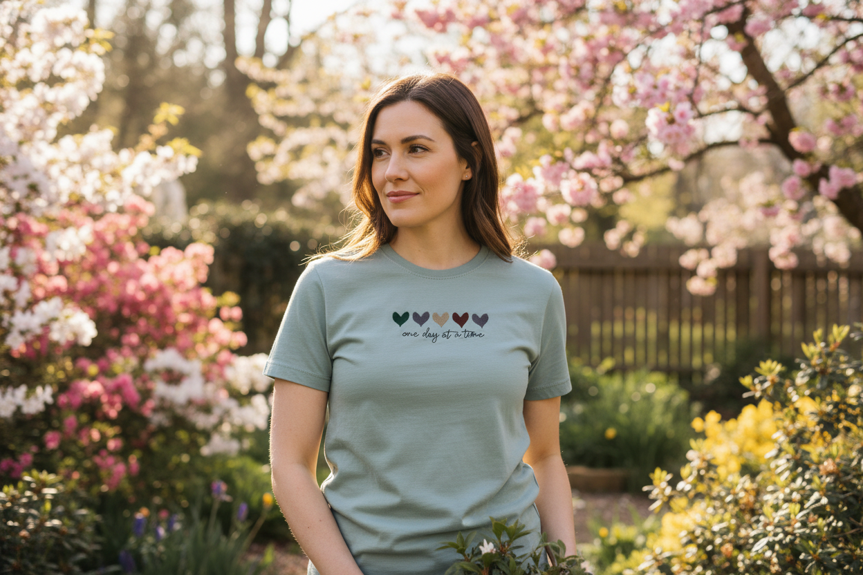 One day at a time shirt with colored hearts