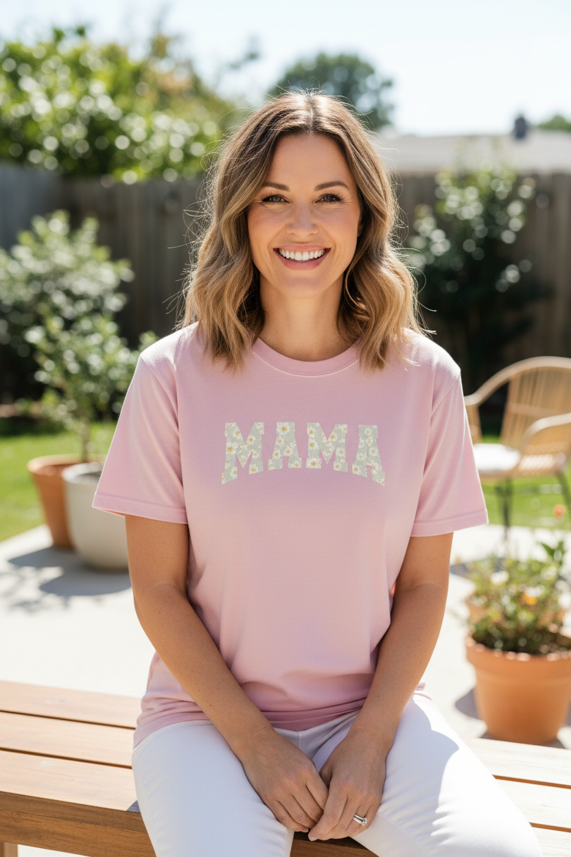 Woman wearing pink MAMA t-shirt