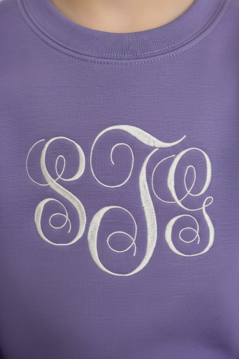 Zoomed in detail of purple sweatshirt embroidery